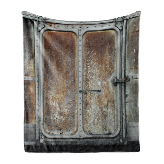 Industrial Soft Flannel Fleece Blanket, Vintage Railway Container Door Old Locomotive Transportation Iron Power Design, Cozy Plush for Indoor and Outdoor Use, 60" x 80", Grey Brown, by Ambesonne