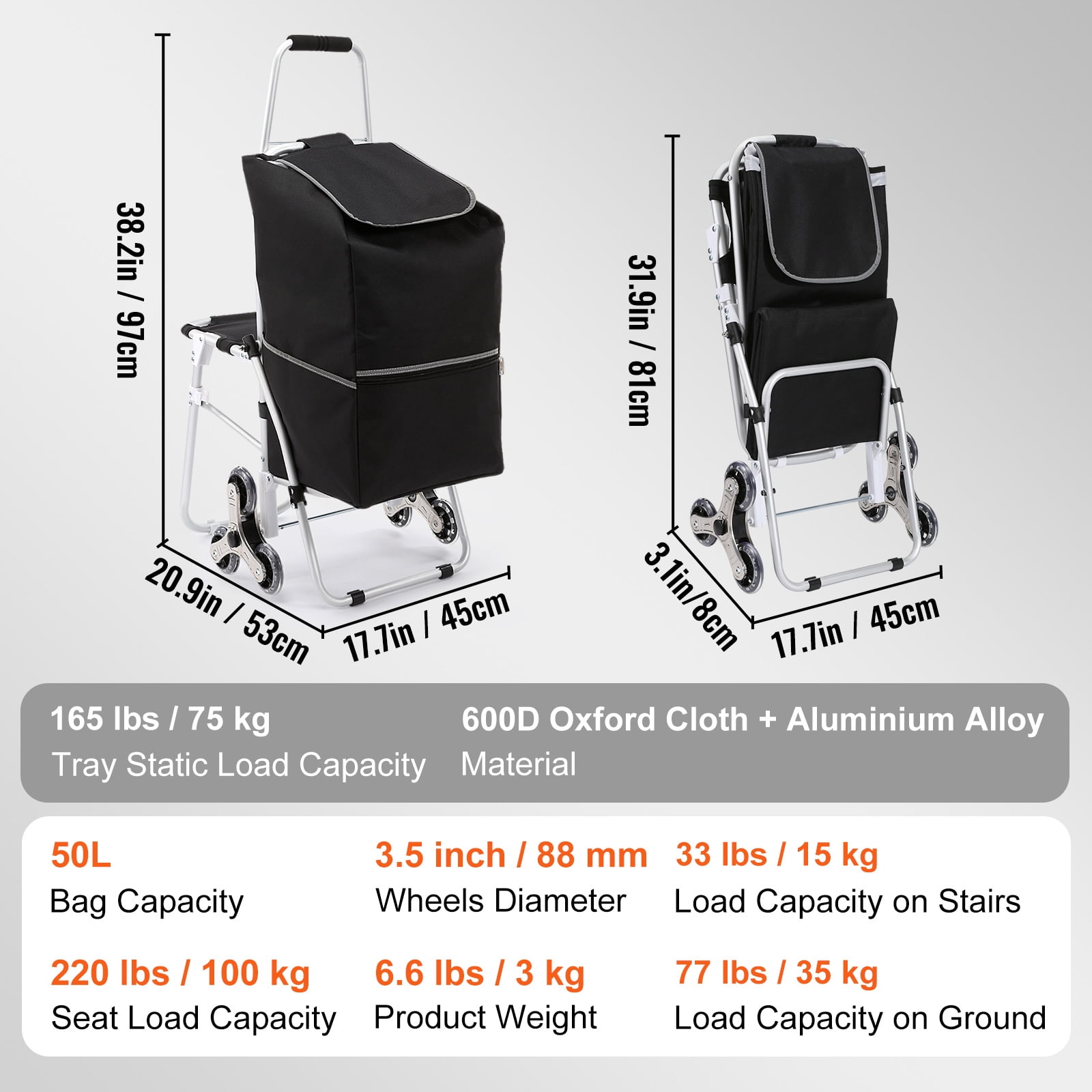 KFFKFF Stair Climber 50L Foldable Shopping Cart with Waterproof Bag and Seat