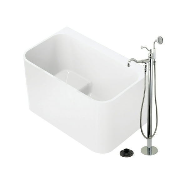 Kingston Brass KTSQ4727131AL 47" Acrylic Rectangular Back-to-Wall Freestanding Tub with Faucet and Drain, Glossy White/Polished Chrome