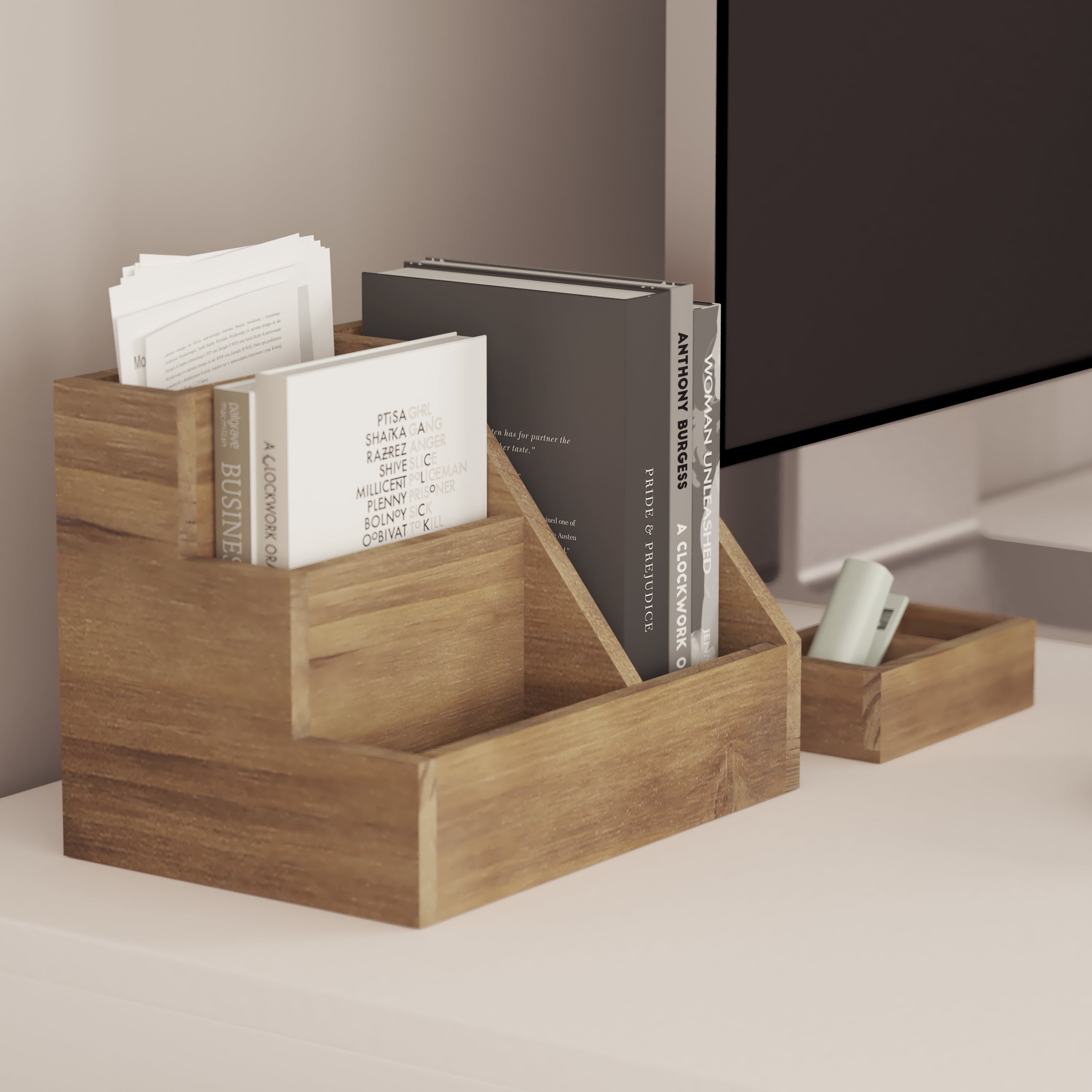 Merrick Lane 3 Piece Wooden Desk Organizer Set for Desktop, Countertop, or Vanity in Rustic Brown