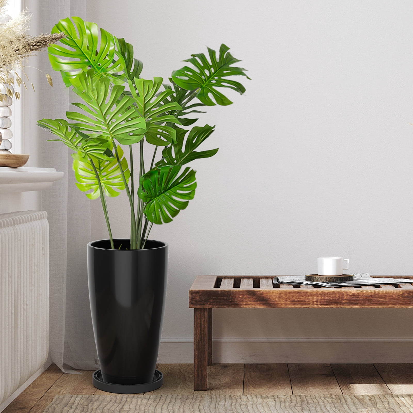 FIASON 2 Pack 21 Inch Glossy Black Tall Planters, Modern Flower Pots with Drainage Holes & Saucers, Indoor Outdoor Planters for Front Porch Patio Garden