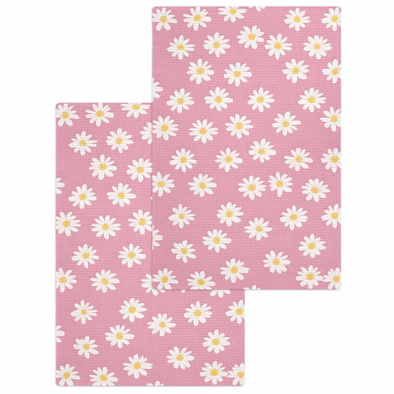 White Pink Daisy Kitchen Dish Towels for Drying Dishes Set of 2, Spring Summer Floral Farmhouse Waffle Weave Microfiber Hand Tea Bathroom Towels Quick Dry & Absorbent Towel 15.7x23.6