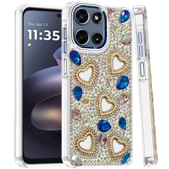 Phone Case for Motorola Moto G 5G 2026 /2025 Luxury Crystal Heart Rhinestone Diamond Bling Shockproof Hybrid Glitter Protective Stylish Durable Grip Cover Blue