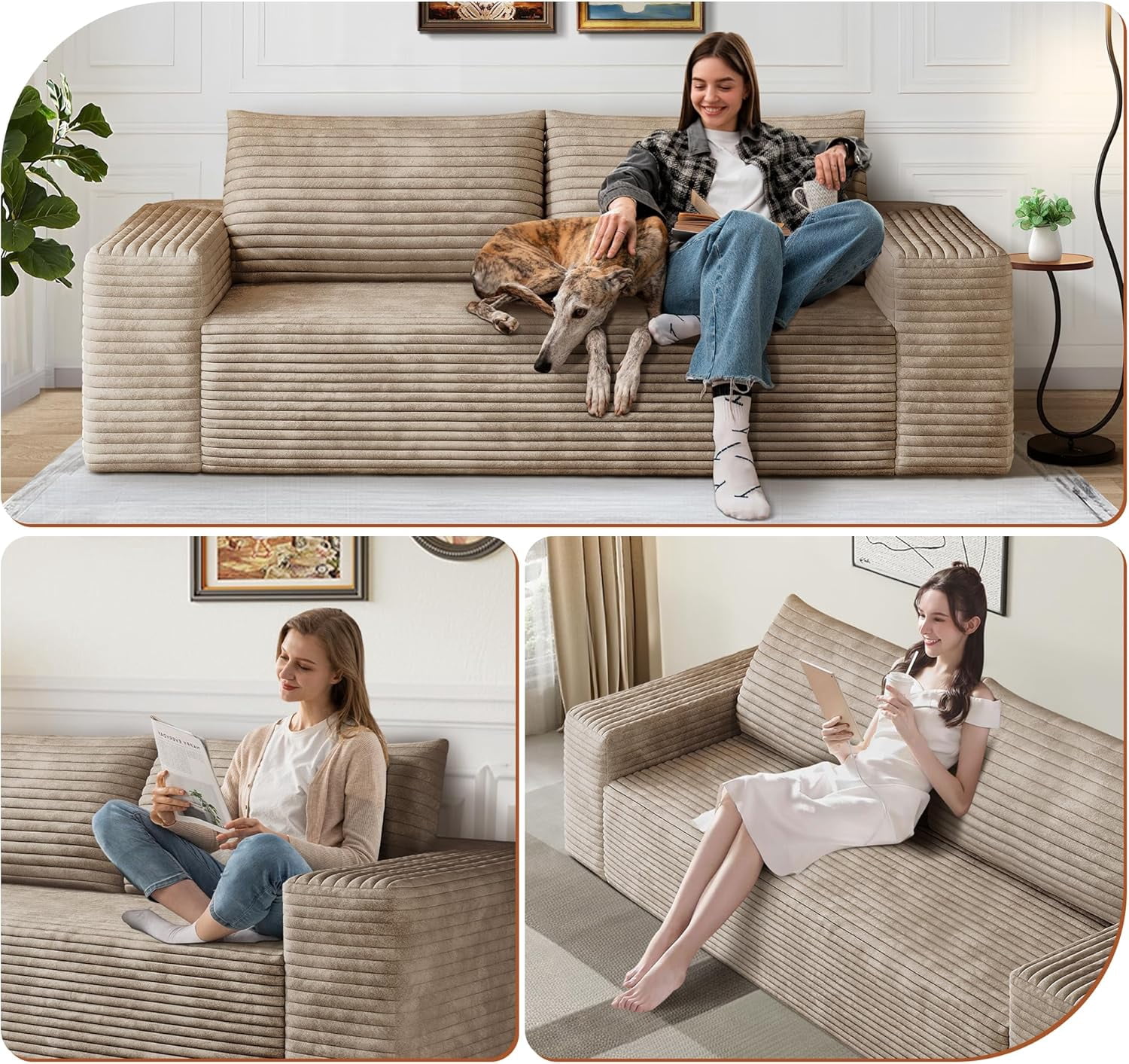 71" Corduroy Loveseat Sofa, 3-Seater Cloud Couch, Boneless Couch in a Box, Deep Seat Sofa with Memory Foam, No Assembly Required(Camel)