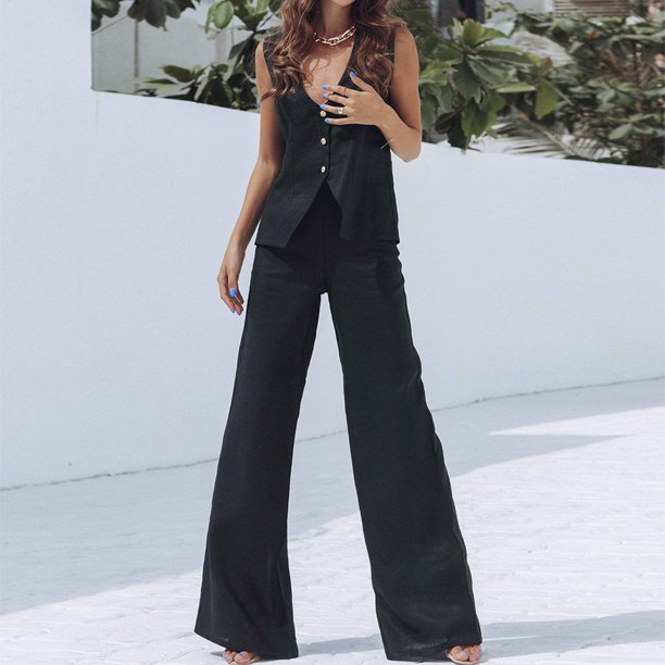 Atuendos Informales Trajes casuales Mujeres Sueltas Conjuntos de dos piezas Conjuntos Algodón Con cuello en v Desplazamiento Ocio Kuymtek para Mujer Negro T XL