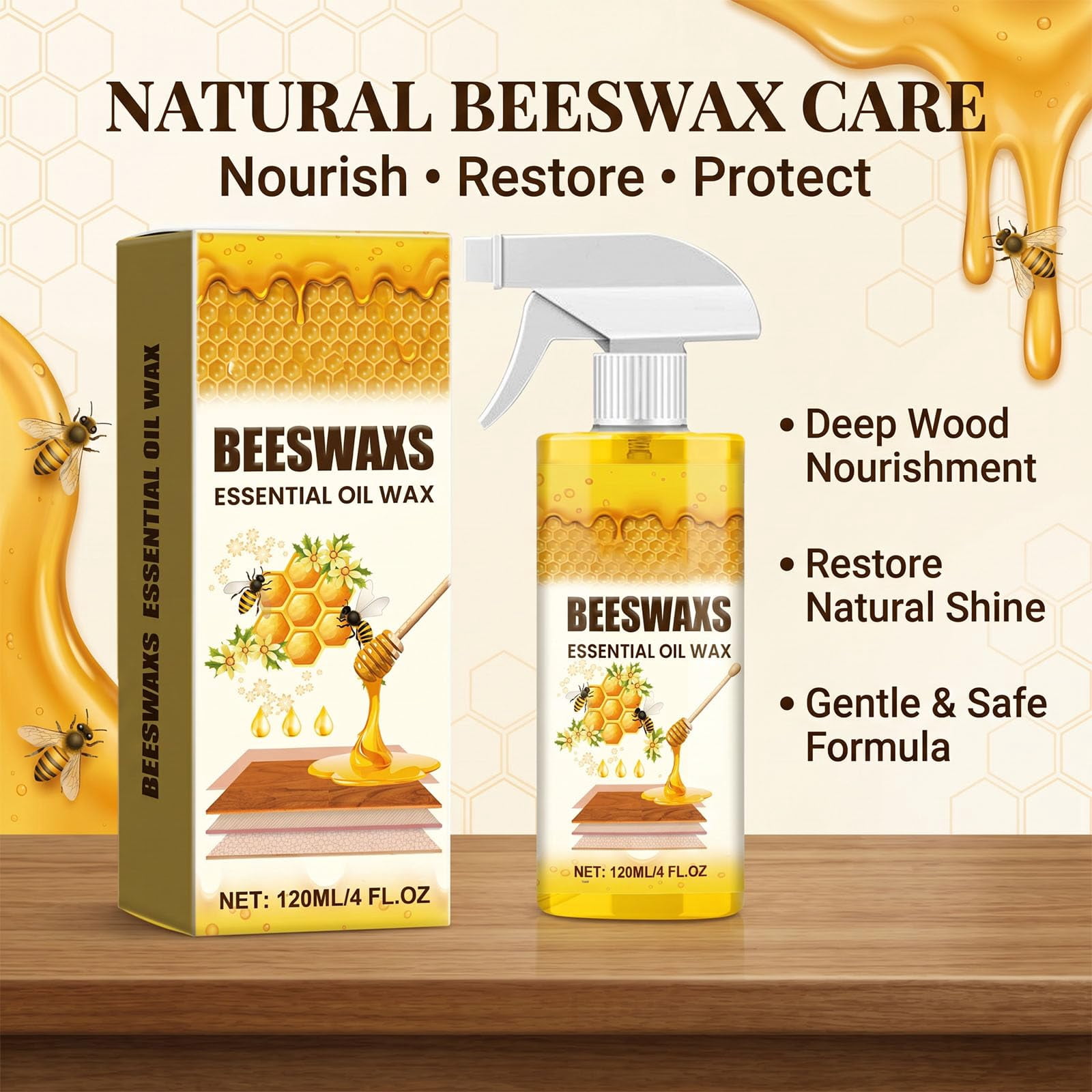 Beeswax Wood Polish, Natural Micro-Molecularized Beeswax Spray, Beeswaxs Essential Oil Wax, Multi-Purpose Furniture Polish, Wood Cleaner Repairing and Care Spray, Restores Shine & Removes Scratches