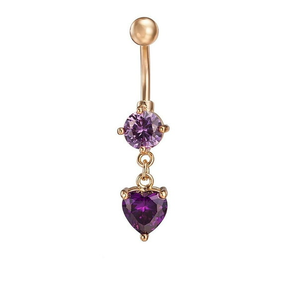 Real 18K Gold Plated Brass Rhinestone Heart Ring Belly Rings Amethyst 39x8mm Bar Length: 3/8"(10mm) Bar: 14 Gauge(1.6mm)