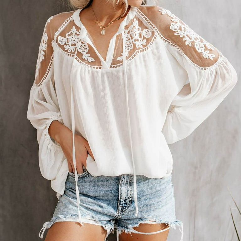  Women Floral Embroidery Blouse Shirt White V-Neck
