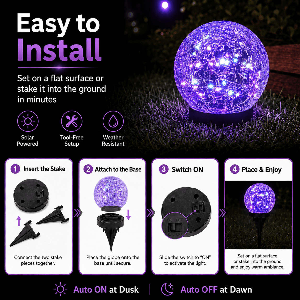 MEHOOM 4 Pack 5'' Solar Globe Lights Outdoor Waterproof, 30LED Solar Cracked Garden Lights Outdoor for Patio, Yard, Lawn, and Landscape Decorations