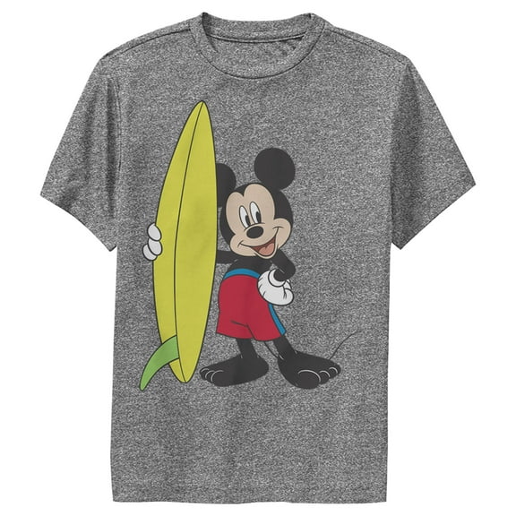 Boy's Mickey & Friends Mickey Mouse Surf Board  Performance Graphic Tee Charcoal Heather Small