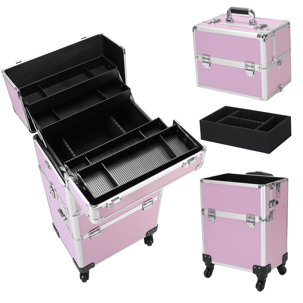 3 in 1 Rolling Makeup Trolley Case Detachable Comestic Tattoo Storage  Organizer, Pink 