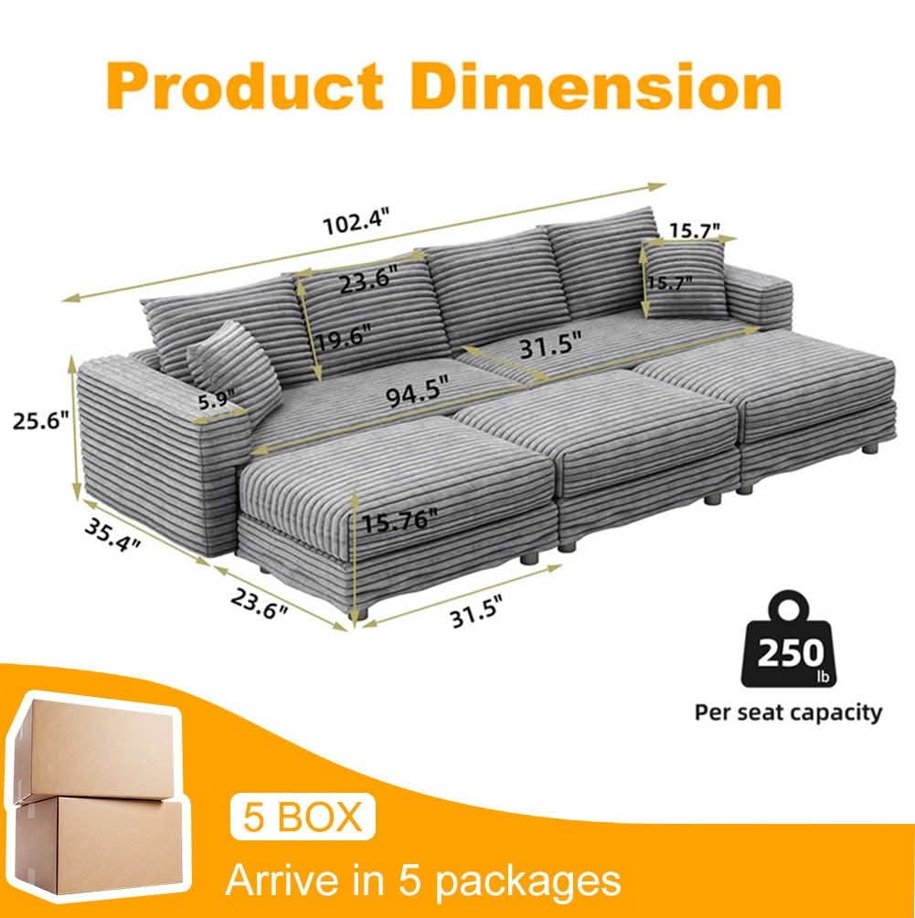 MAYEERTY 102.4" Plush Corduroy 4‑Seat Cloud Sofa with 3 Movable Ottomans, Convertible Deep Seat Lounge Couch for Apartment