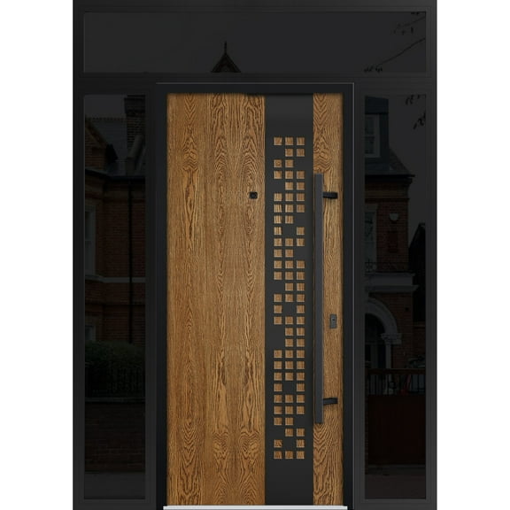 Front Exterior Prehung Steel Door / Deux 6678 Natural Oak / 2 Side and Top Exterior Window Sidelite / Entry Metal Modern Painted W12 36 12" x H80 16" Left hand Inswing