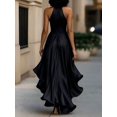 thumbnail image 2 of Womens Elegant Black Satin Halter High-Low Ruffle Evening Gown, 2 of 5