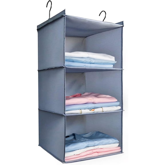 Hanging Closet Organizer and Storage 3-Shelf, Easy Mount Foldable Hanging Closet Wardrobe Storage Shelves, Clothes Handbag Shoes Accessories Storage, Washable Oxford Cloth Fabric,