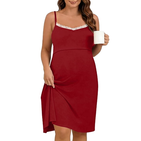 Women's Maternity Nursing Nightgown Lace Trim Cami Dress Loungewear Sleep Dresses,L,Wine