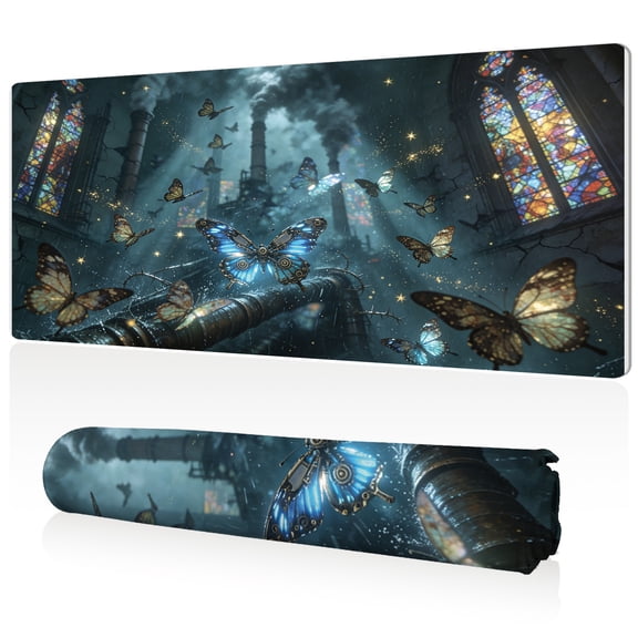 LIVEKEY Extra Large Mouse Pad 80x40x0.3cm Mechanical Butterfly in Industrial Ruin Design Full Desk Coverage Non Slip Base Durable Easy Clean Stitched Edges for Gaming and Office
