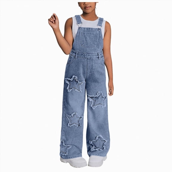GEWSEY Girl's Wide Leg Denim Overalls Patchwork Straps Baggy Jean Jumpsuits 11-12 Years Blue