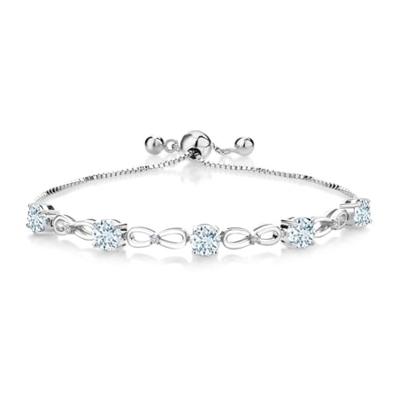 Gem Stone King 925 Sterling Silver Sky Blue Aquamarine and White Lab Grown Diamond Tennis Bracelet for Women (2.54 Cttw, Gemstone Birthstone, Fully Adjustable up to 8 inch)
