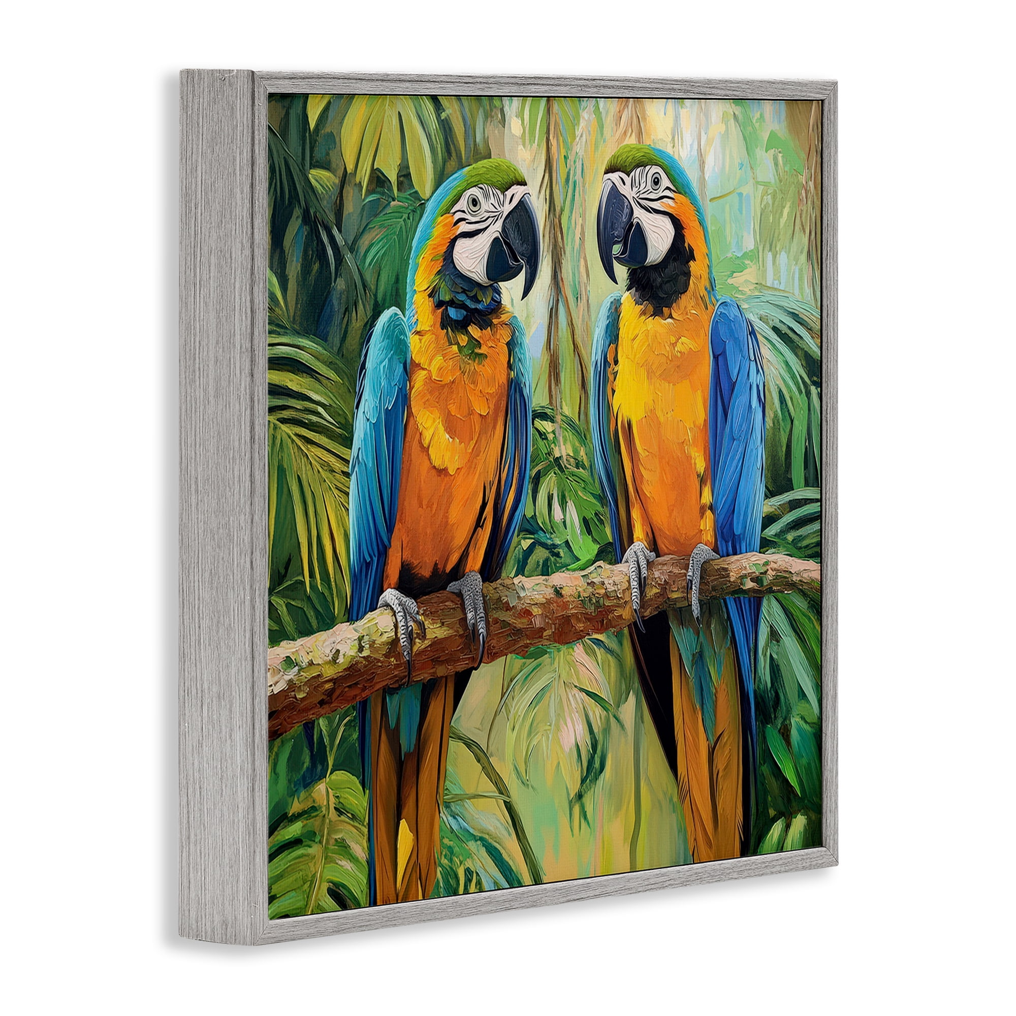 Stupell Industries Two Macaws Among Foliage Gray Framed Giclee Art, design by Petal Prints Design