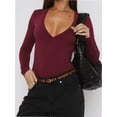 thumbnail image 2 of Womens Deep V Neck Long Sleeve Lined Slim Fit T Shirt Tops Tee, 2 of 4