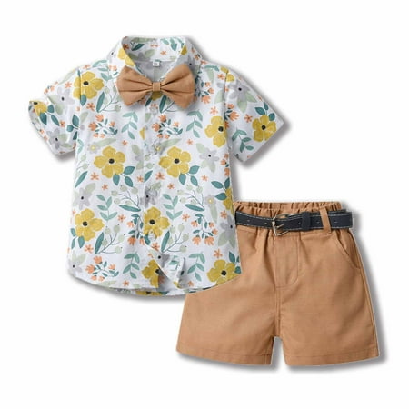

VERUGU Boys Suit Summer Children s Wear Boy s Short-sleeved Lapel Shirt Shorts Suit With Belt Tie White
