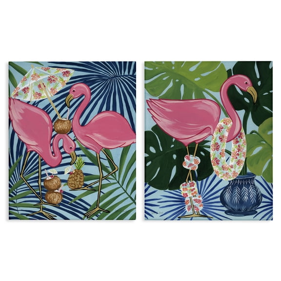 Stupell Industries Happy Hour Flamingos Animals Painting Wrapped Canvas Art Print Wall Art, 16 x 20, Set of 2