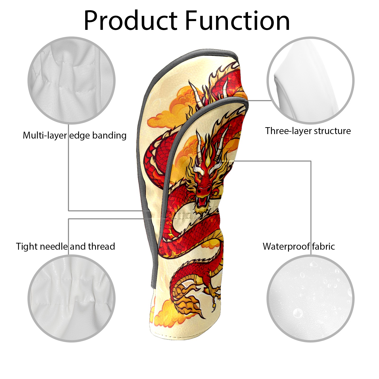 Golf Club Covers, Dragon Yellow Premium PU Leather Driver Hybrid Putter Head Covers with Velvet Lining, Waterproof Golf Gifts for Men Women