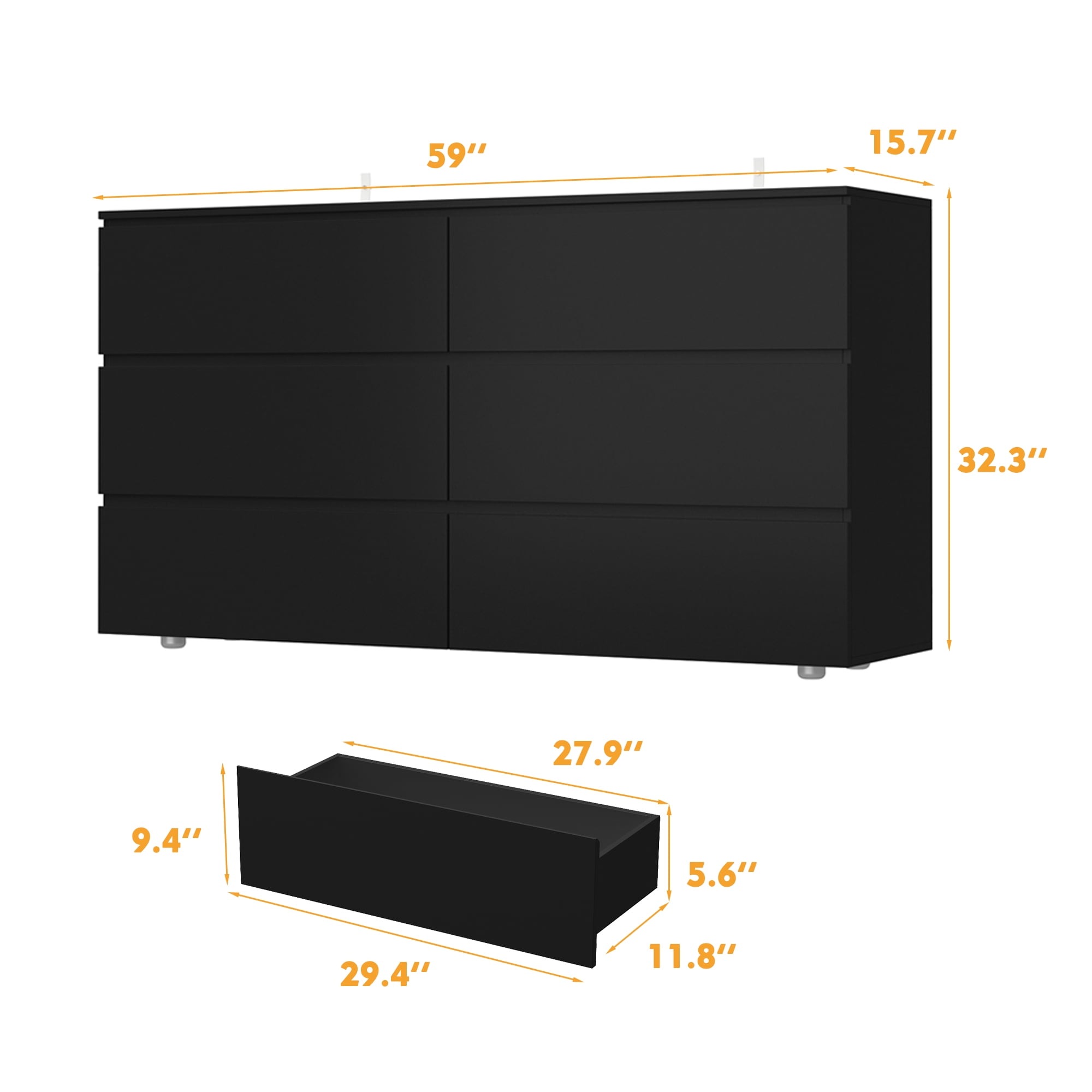 MONSLIPA 6 Drawer Dresser for Bedroom, Storage Organizer Chest of Drawers for Living Room Hallway Entryway, Black