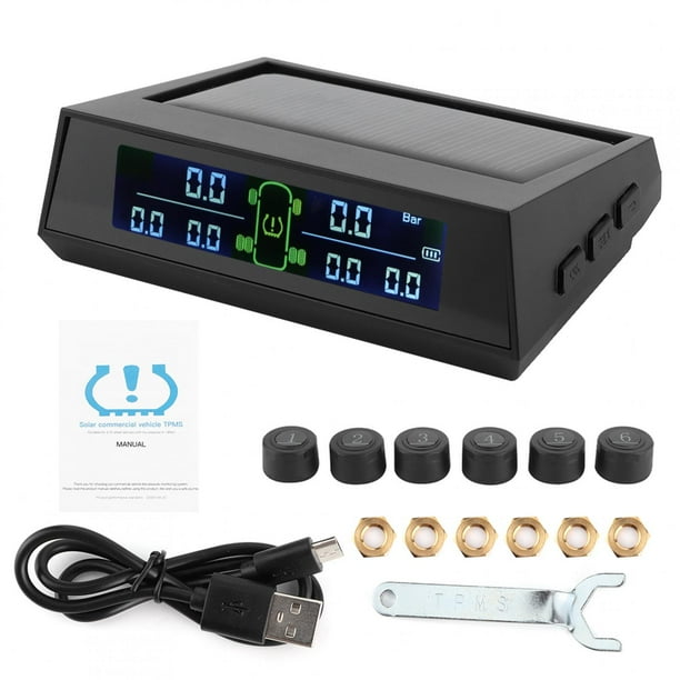 Sistema de monitoreo de presión de neumáticos con energía solar, detector TPMS con pantalla LCD y 6 sensores externos para vehículos recreativos.