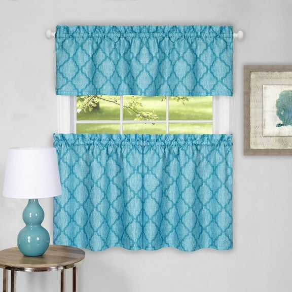 Ben&Jonah PrimeHome Collection Viola Window Curtain Tier Pair and Valance Set - 58x24 - Turquoise
