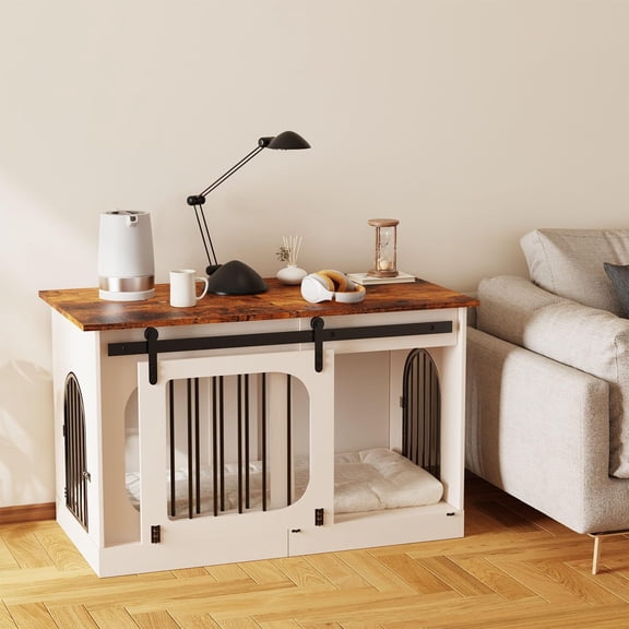 CANVORA 39.4" Farmhouse Dog Crate Furniture with Sliding Door, Heavy Duty Wooden Dog Crate Table for Medium & Small Dogs,Indoor Pet Furniture,Decorative Pet House End Table for Living Room, White