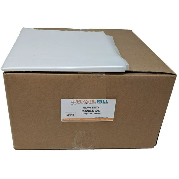 PlasticMill 65 Gallon, Clear, 1.5 Mil, 50x48, 100 Bags/Case, Garbage Bags / Trash Can Liners.