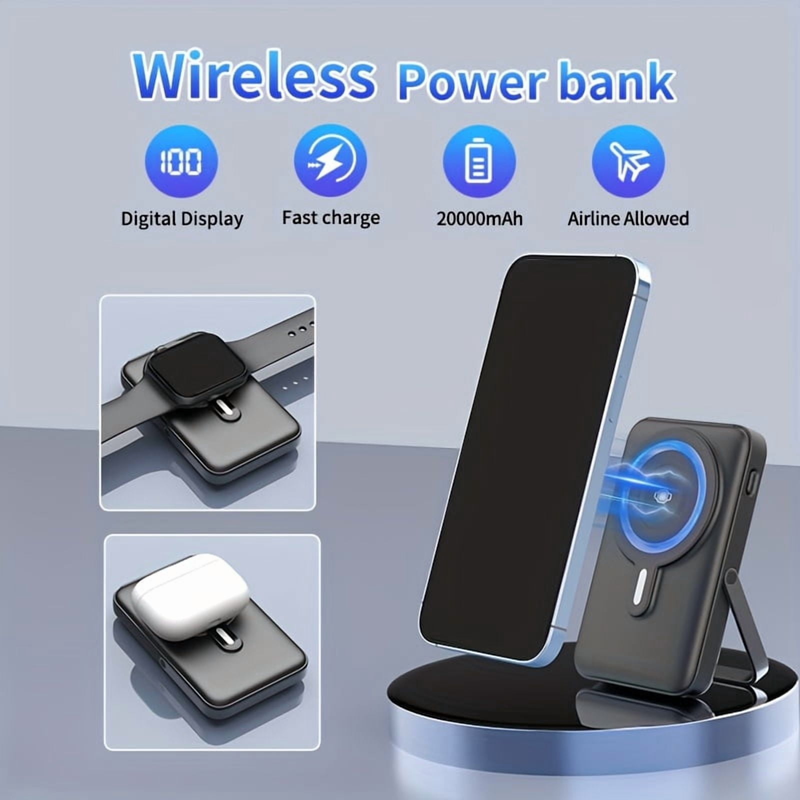 3 in 1 Wireless Power Bank for Summer, Featuring a 20000Mah Magnetic Charger with a Digital Display And Stand. This Portable Battery Pack Is Compatible with Mobile Phones, Headphones, And Watches