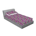 thumbnail image 2 of Skull Fitted Sheet & Pillow Sham Set, Sepia Colored Skeleton Heads and Roses with Monochrome Striped Backdrop, Decorative Printed 2 Piece Bedding Decor, Twinxl, Fuchsia Purple and Black, by Ambesonne, 2 of 2