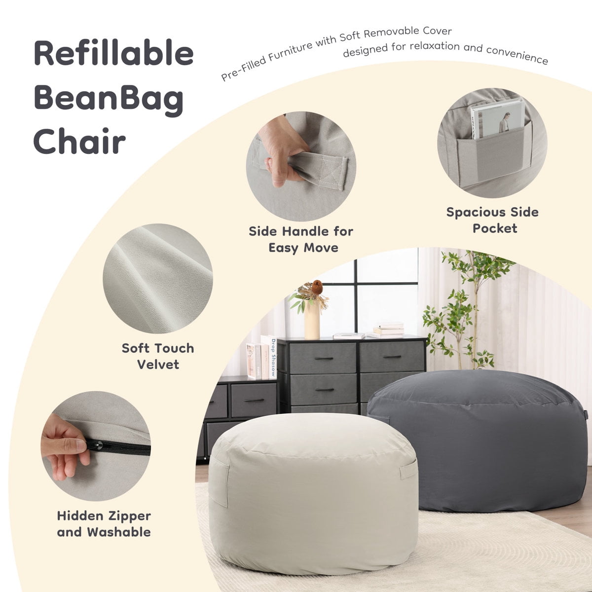 Oversized Bean Bag Chair, Beanbag for Adults, Comfy Refillable Single Sofa for Living Room, Bedroom, Dorm, Gray