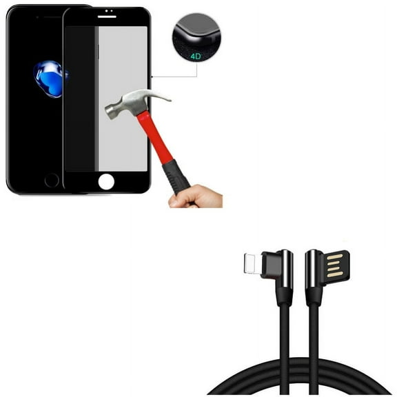 iPhone 8/7/6S/6 - 10ft Angle USB Cable w Tempered Glass Privacy Screen Protector - Charger Cord Power Wire Sync 90 Degree, Curved Anti-Spy Anti-Peep 4D Edge Case Friendly for iPhone 8/7/6S/6