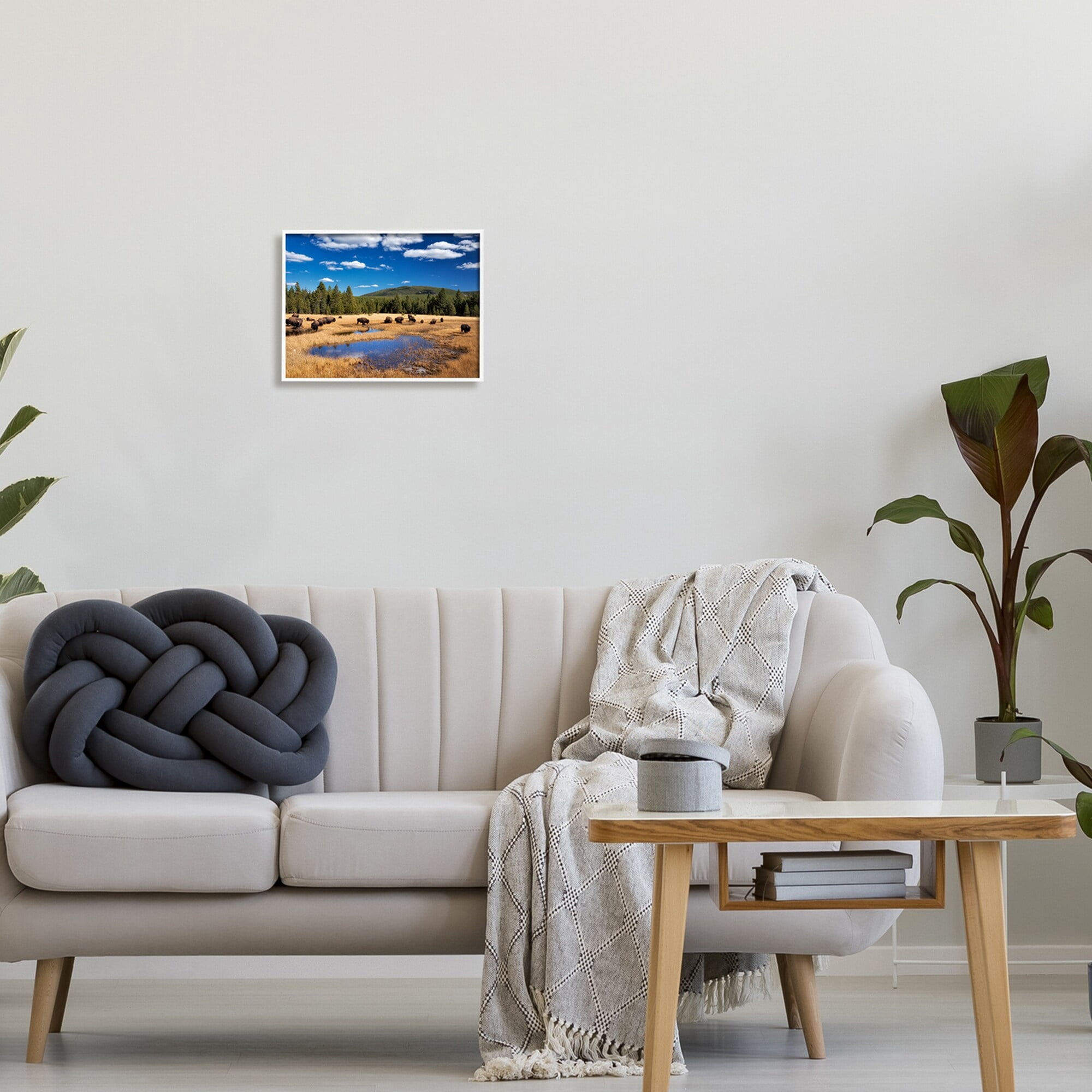 Stupell Industries Bison Grazing Clear Sky Pasture Landscape Photography White Framed Art Print Wall Art