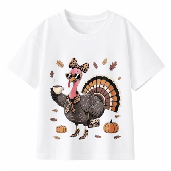 Sunglasses Turkey and Coffee Thanksgiving T-Shirt for Kids, 100% Cotton