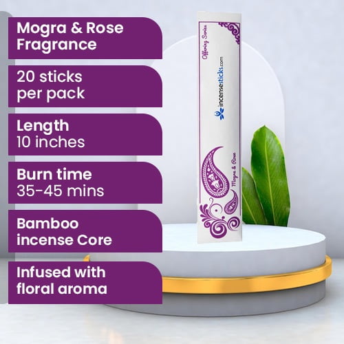 Mogra & Rose Incense Sticks 10" - 10 Packs, 20 Sticks per Pack - Exotic Floral Blend