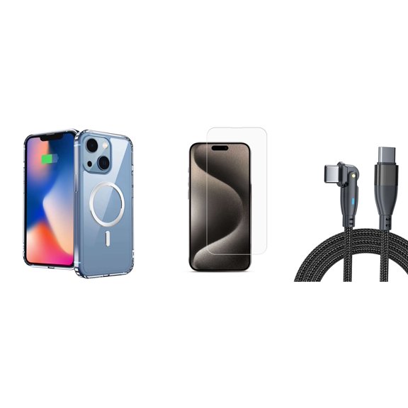 Bemz Phone Case for iPhone 15 Plus with Magnetic Charging Slim Shock Absorbent Silicone Cover, Glass Screen Protector, USB C 60W LED Type C Rotatable Swivel Charger Cable - 6.6Ft (Clear)