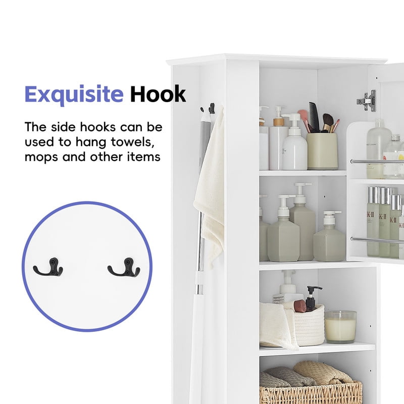 Freestanding Bathroom Storage Cabinet, Pantry Sideboard Storage Cabinet with Side Hooks, Drawers & Adjustable Shelf