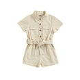 thumbnail image 1 of hirigin Kids Girls Casual Romper, Solid Color Short Sleeve Button-Down Lapel Bodysuit with Belt, 1 of 8