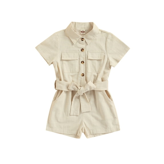 hirigin Kids Girls Casual Romper, Solid Color Short Sleeve Button-Down Lapel Bodysuit with Belt