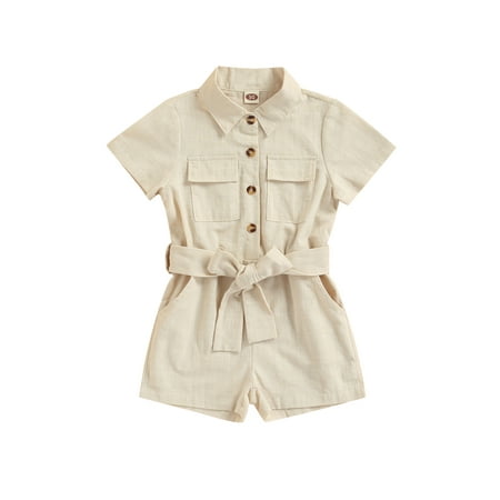 

Genuiskids Toddler Baby Kids Girls Casual Romper Solid Color Short Sleeve Button-Down Lapel Bodysuit with Belt Summer Clothing