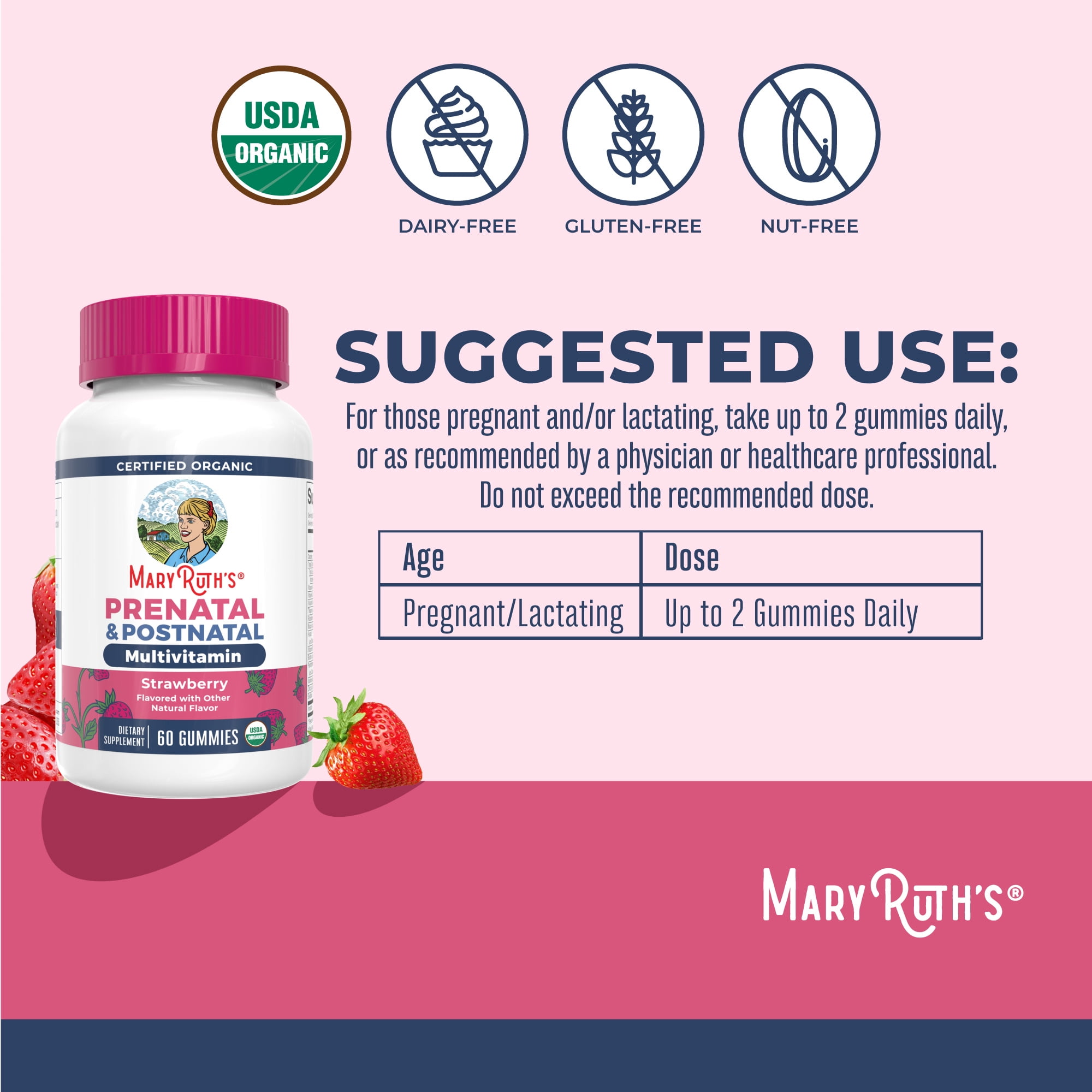 MaryRuth's Prenatal Postnatal Multivitamin Gummies for Women Organic Strawberry Vegan 60 Count