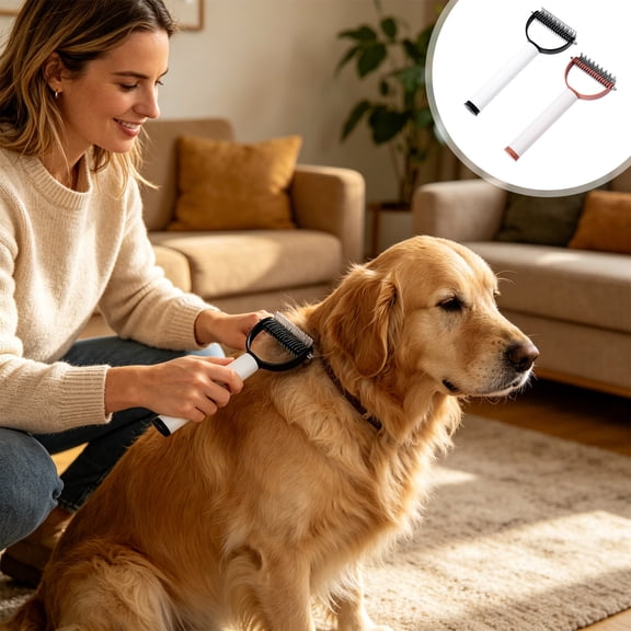 FEOLGEHLY Double Sided Pet Dematting Comb for Dogs and Cats, Undercoat Deshedding Tool with Hair Collection, Dual-Sided Brush for Long Hair, Gentle Rounded Teeth, Anti-Slip Grip (Brown)