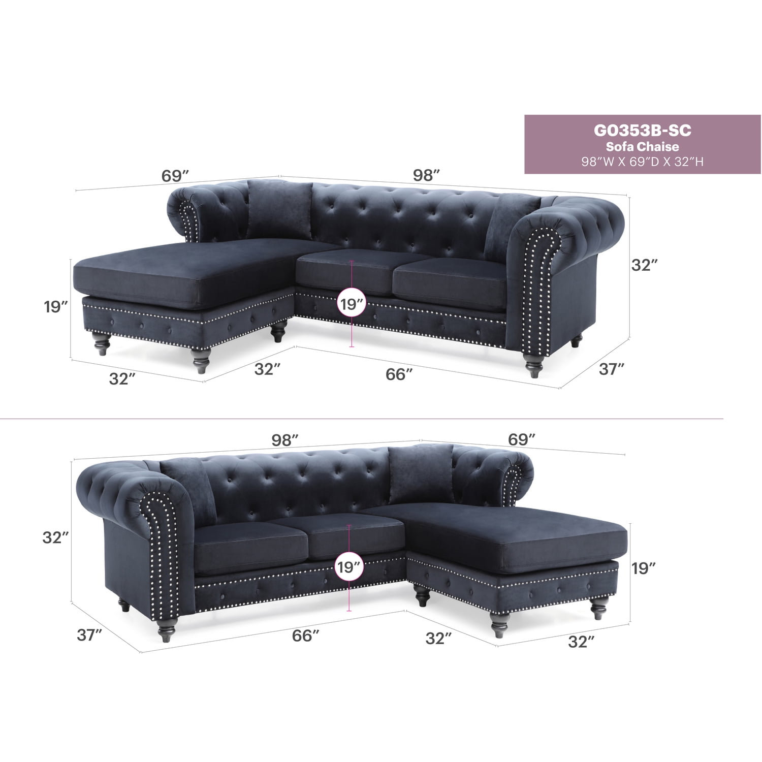 Glory Furniture G0353B-SC Black Sofa Chaise - Walmart.com