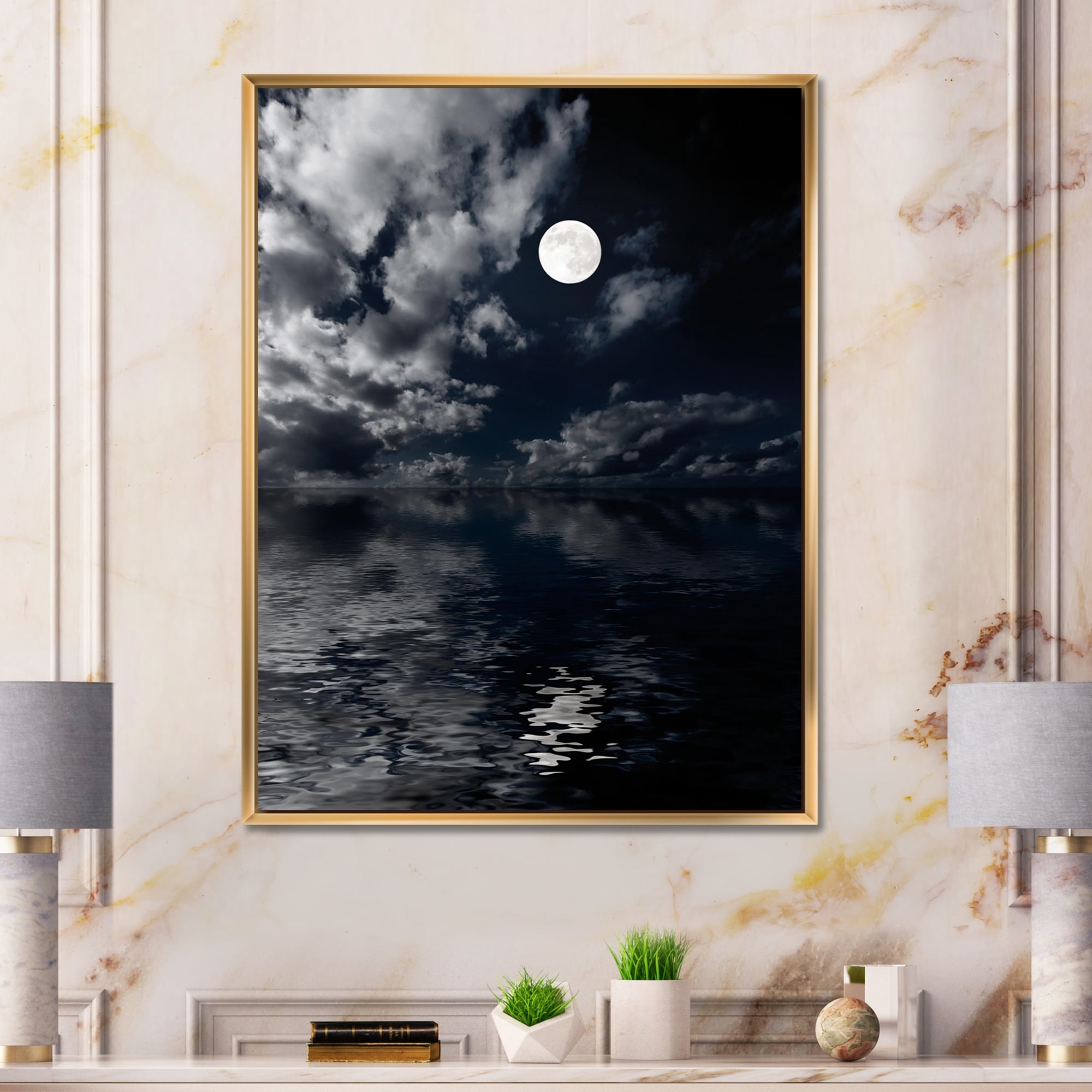 Designart 'Full Moon Night in Cloudy Sky IV' Nautical & Coastal Framed Canvas Wall Art Print
