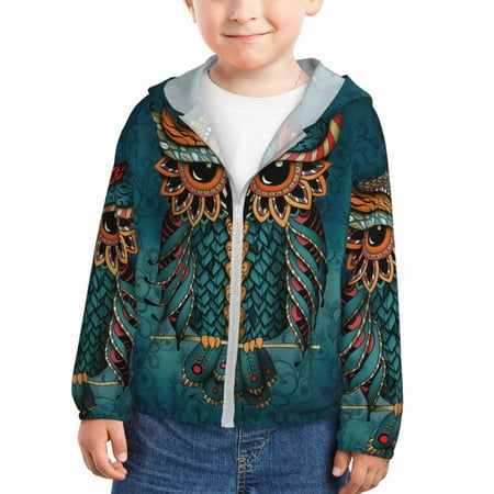 

Lukts Owl In Blue Print Children s Long-Sleeved Sun Protection Clothing Hooded Sweatshirts for Boys and Girls Outdoor Sports-5 Years